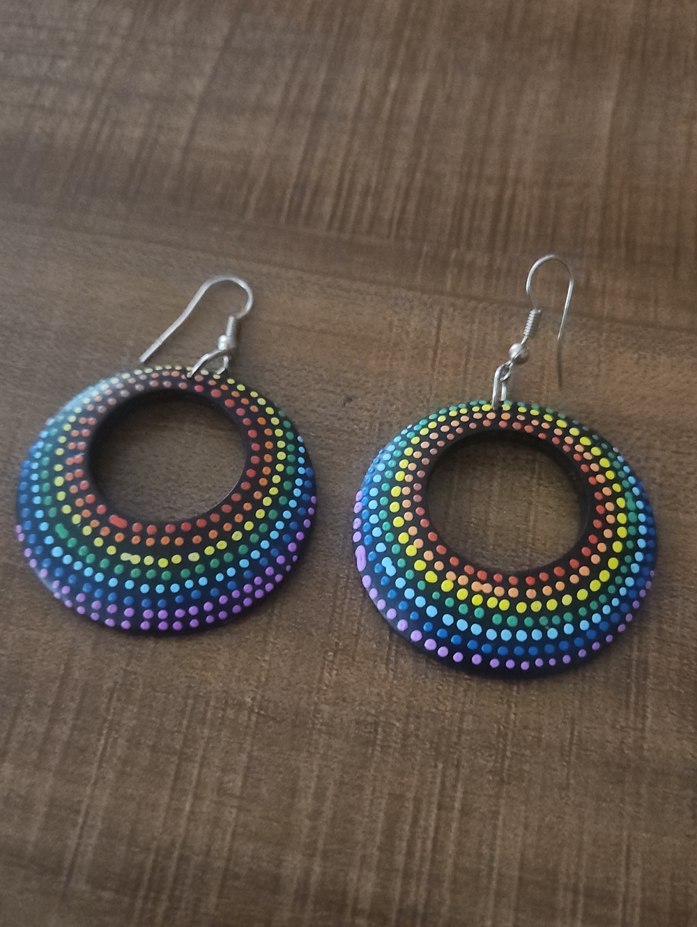 Hand-Painted Rainbow Dot Hoop Earrings - Colorful Black Base